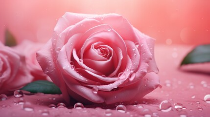 Pink roses on a horizontal banner against a blurry background with blank space, Generative AI.