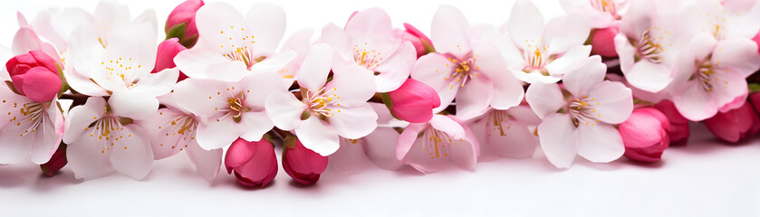 Obraz premium pink and white cherry flowers blossom on white background banner