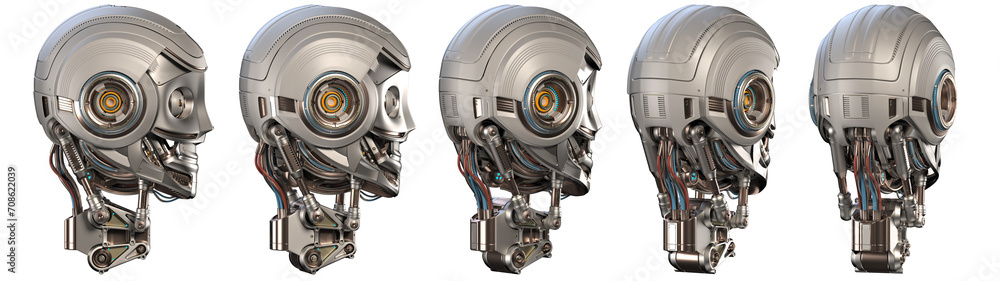 Poster futuristic robot head or very detailed humanoid face. collage or set of five different angles. isola