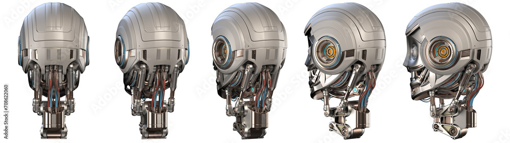 Poster futuristic robot head or very detailed humanoid face. collage or set of five different angles. isola