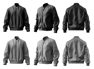 2 Set of black and dark grey gray, unisex bomber jacket with full zip zipper collar, front back side view on transparent background cutout, PNG file. Mockup template for artwork graphic design. - obrazy, fototapety, plakaty