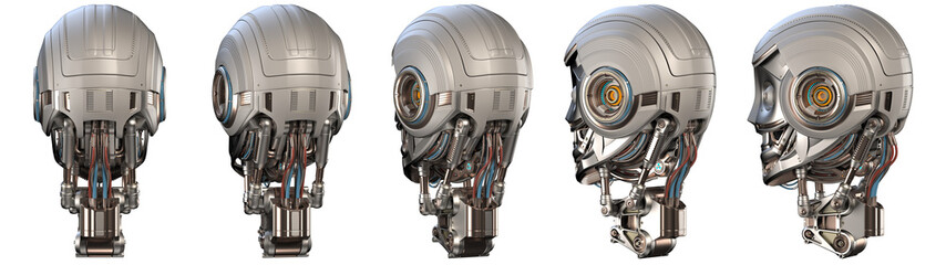 Futuristic robot head or very detailed humanoid face. Collage or set of five different angles. Isolated on transparent background. 3d rendering