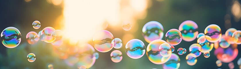 Colorful soap bubbles over summer sunny blurred nature background banner
