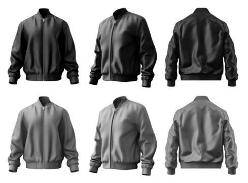 2 Set of black and dark grey gray, unisex bomber jacket with full zip zipper collar, front back side view on transparent background cutout, PNG file. Mockup template for artwork graphic design.