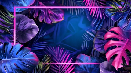 Blue and Pink Background With Tropical Leaves, Vibrant and Exotic Nature Display