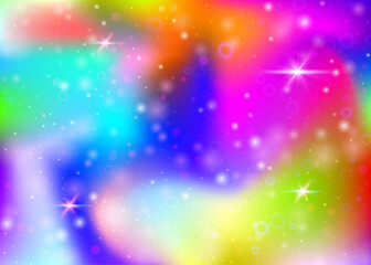 Hologram background with rainbow mesh. Colorful universe banner in princess colors. Fantasy gradient backdrop. Hologram unicorn background with fairy sparkles, stars and blurs.