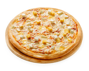 Homemade Italian style pizza with cheese, mozzarella cheese close-up on a wooden board. Isolated.