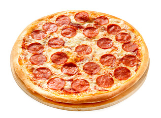 Pepperoni. Homemade Italian pizza with cheese and sausage close-up on a wooden board. Isolated.