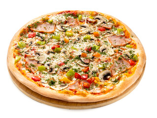 Homemade Italian style pizza with cheese, champignon mushrooms, green and red peppers, bacon close-up on a wooden board. Isolated.