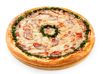 Homemade Italian style pizza with cheese, bacon and dill close-up on a wooden board. Isolated.