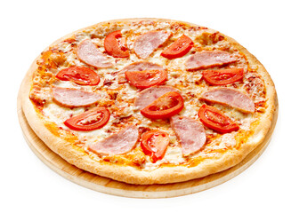 Homemade Italian style pizza with cheese, ham and tomatoes close-up on a wooden board. Isolated.