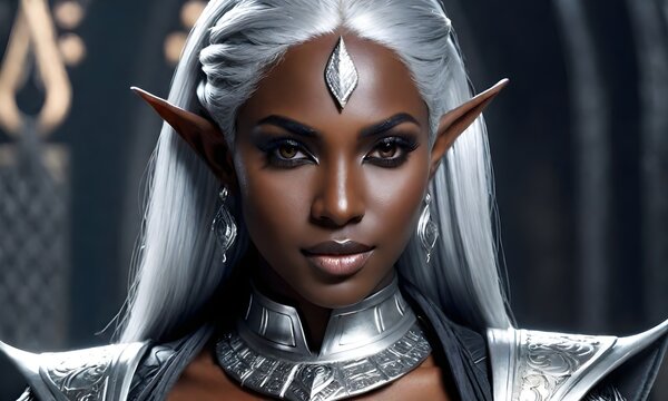 Beautiful silver haired dark elf girl. Dark elf girl in silver dress on black background.