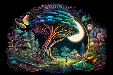 Abwaschbare Fototapete an intricate and detailed abstract t-shirt design of a beautiful magical fantasy forest with glowing mushrooms and faery mystical creatures under a full moon at night using algorithmic art, phylloxi © huntero