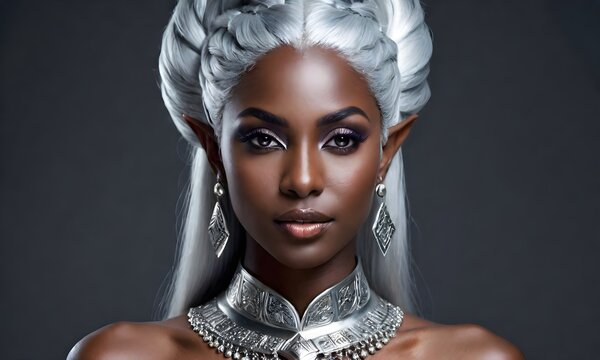 Beautiful silver haired dark elf girl. Dark elf girl in silver dress on black background.