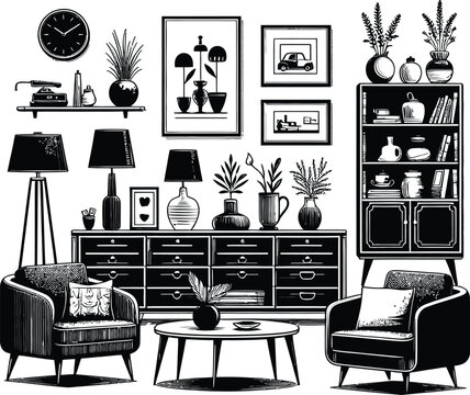 Living Room Graphic Black White Home Interior Illustration Vector
