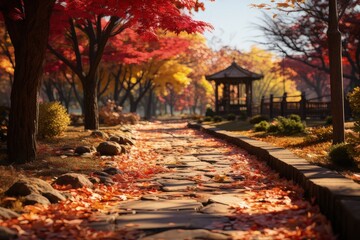 Autumn Season, Colorful leaves falling on the pathway in the park during the autumn season, 3D rendering, unreal engine, super extra high quality detailed
