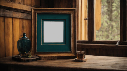 A blank frame sits on a rustic wooden table Frame mockup Living room wall poster mockup contemporary  interior background design Modern interior design