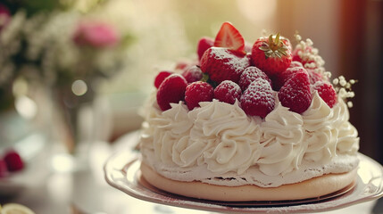 Anna Pavlova's cake, unusually decorated with berries, stands on the table, with a beautiful presentation, and an unusual background. For special celebrations.