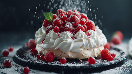 Anna Pavlova's cake, unusually decorated with berries, stands on the table, with a beautiful presentation, and an unusual background. For special celebrations.