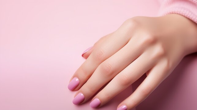 Stylish pink matte manicure on a woman's hands, close-up with empty space, Generative AI.