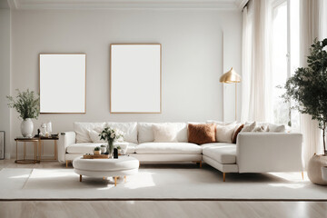 Obraz premium A modern living area with clean white walls frames a blank canvas. As you create your own interior design with a Scandinavian influence and a gorgeous artwork on show, picture the possibilities. 