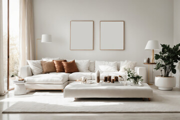 A blank canvas awaits, framed by the crisp white walls of a modern living room. Imagine the possibilities as you design your own Scandinavian-inspired interior, complete with a stunning piece of artwo