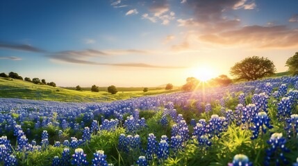 Sweeping panorama of a lovely bluebonnet-filled grassy field, Generative AI. - obrazy, fototapety, plakaty