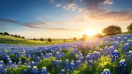 Tuinposter Sweeping panorama of a lovely bluebonnet-filled grassy field, Generative AI. © Electro Unicorn
