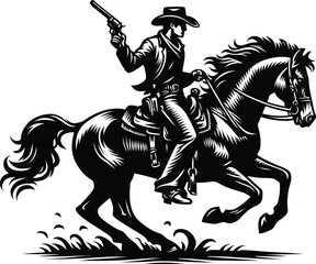 Cowboy Riding On A Horse Logo Monochrome Design Style