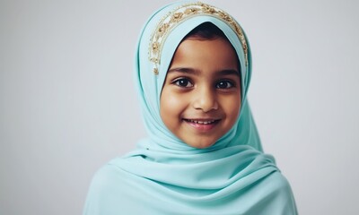 happy little muslim girl, little child, children's emotions, portrait of children, happy children