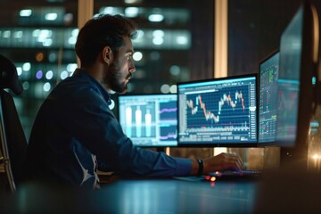 Business man trader broker analyst investor using computer analyzing stock trade crypto market investing finances working in night office. Copy space for learning stock trading course ads,GenerativeAI - obrazy, fototapety, plakaty