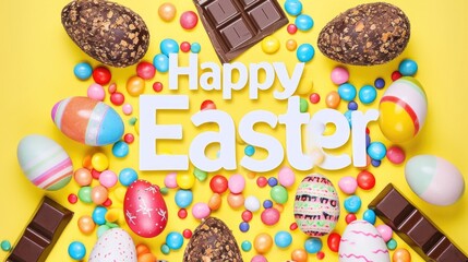 'Happy Easter' message with colorful eggs and candies on yellow background, festive.