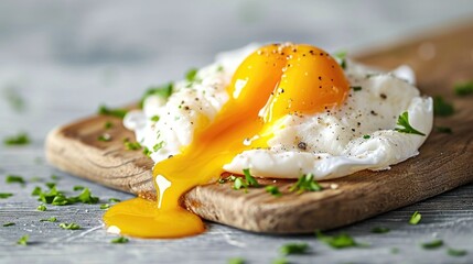 Poached egg with a runny yolk on a wooden board, seasoned with pepper and garnished with herbs