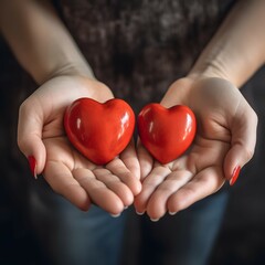 An adult, mother and child hold a red heart in their hands Concept for charity, health insurance, love, international cardiology day