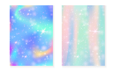 Kawaii background with rainbow princess gradient. Magic unicorn hologram.