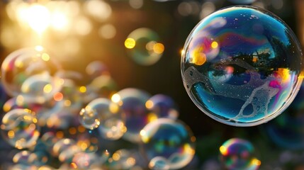 Soap bubbles floating in the air with a sunlit backdrop, reflecting vivid colors
