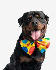 excited rottweiler dog with tongue exposed wearing colorful clown bowtie