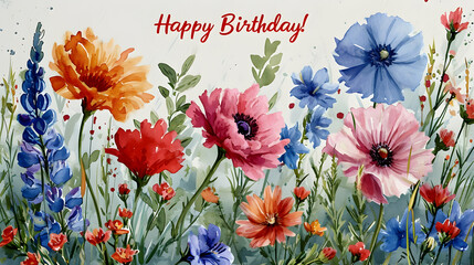 A watercolor painting of various flowers with a birthday greeting in the center. Dominant colors include blue, red, and green.