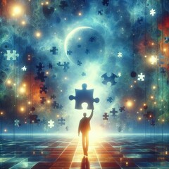 A luminous and dreamlike scene featuring a person holding a puzzle piece over their head, integrating silhouette figures in the style - obrazy, fototapety, plakaty