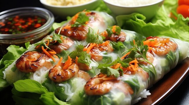 Fresh and healthy Vietnamese summer rolls with vegetables and rice noodles