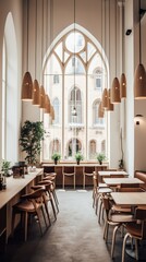 Fototapeta na wymiar European style cafe interior with large arched windows