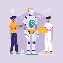 2d vector illustration colorful technology , ai robot making jobs helping people colorful design