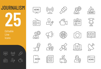 Journalism Line Editable Icons set. Vector illustration in modern thin line style of news media related icons: TV presenters, reporters, news sources, and more. Isolated on white.