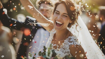 Une femme souriante en robe de marié à son mariage - obrazy, fototapety, plakaty