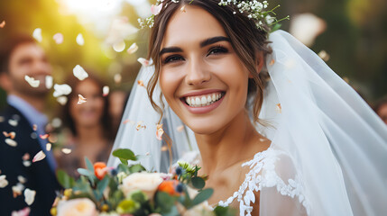 Une femme souriante en robe de marié à son mariage - obrazy, fototapety, plakaty