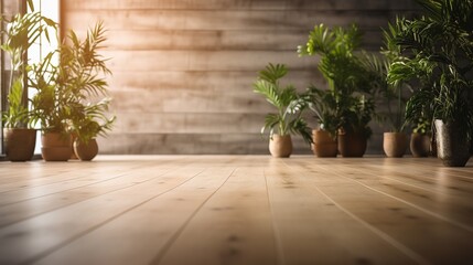 Vacant room with dark walls and plants with wooden floor, eco friendly concept, Generative AI.
