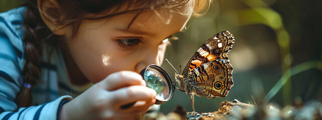 Smiling child looking at butterfly through magnifying glass.nature