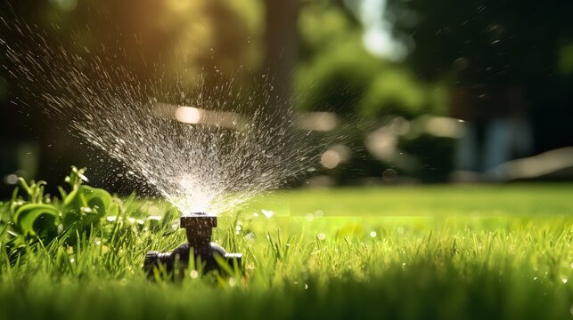 Water splattering from a sprinkler system, Generative AI.