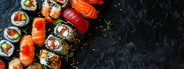 Fresh delicious Japanese sushi on a dark background. sushi, rolls - obrazy, fototapety, plakaty