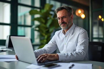 Smiling middle aged executive, mature male hr manager holding documents using laptop looking at pc computer in office at desk, checking financial data, Generative AI